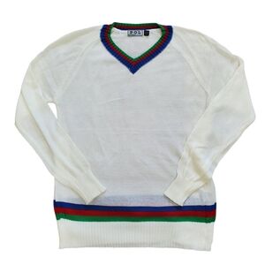 3/$18 POL Cream Pullover Sweater Red Blue Green Stripes Vneck Light Weight NWOT